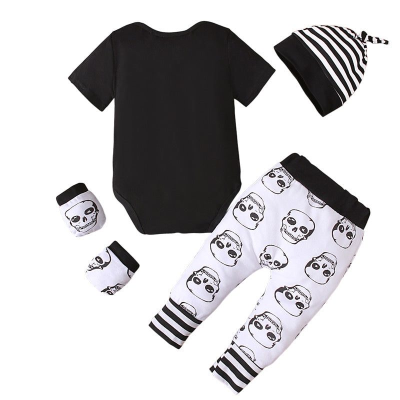 Boy's Halloween Short-sleeved Skull Jumpsuit Romper Printed Trousers Striped Hat 4-piece Suit