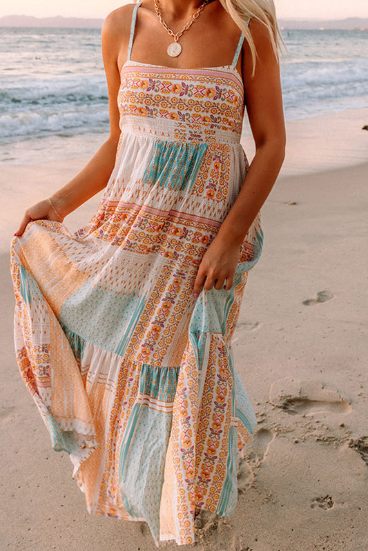 Multicolor Boho Patchwork Print Square Neck Sundress - Babbazon Maxi Dresses