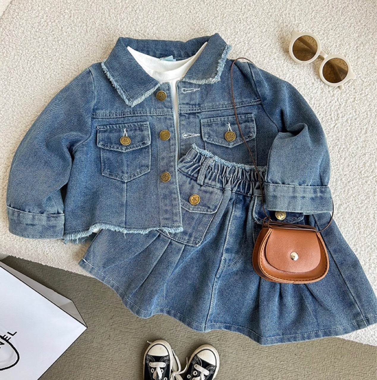 Blue Retro Lapels Long Sleeve Girls' Jean Jacket Pleated Skirt Suit