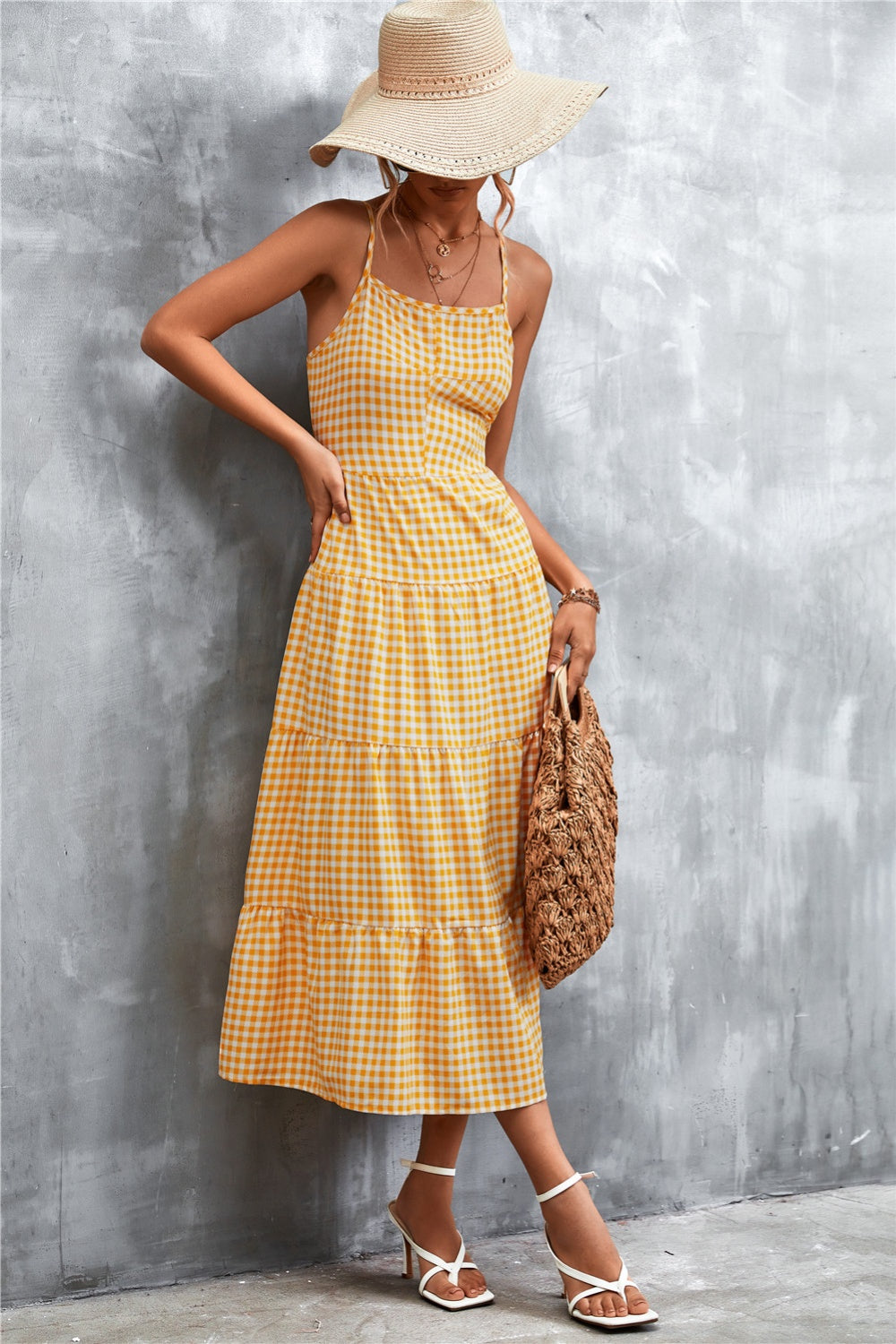 Plaid Square Neck Midi Cami Dress 