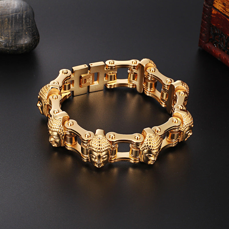 Titanium Gold Buddha Bike Chain Bracelet Men