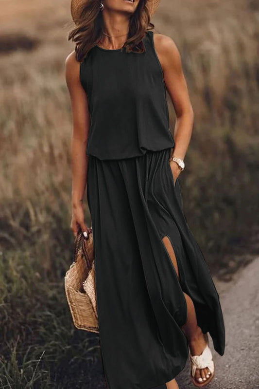 Black Solid Split Sleeveless Tunic Maxi Dress - Babbazon Maxi Dresses