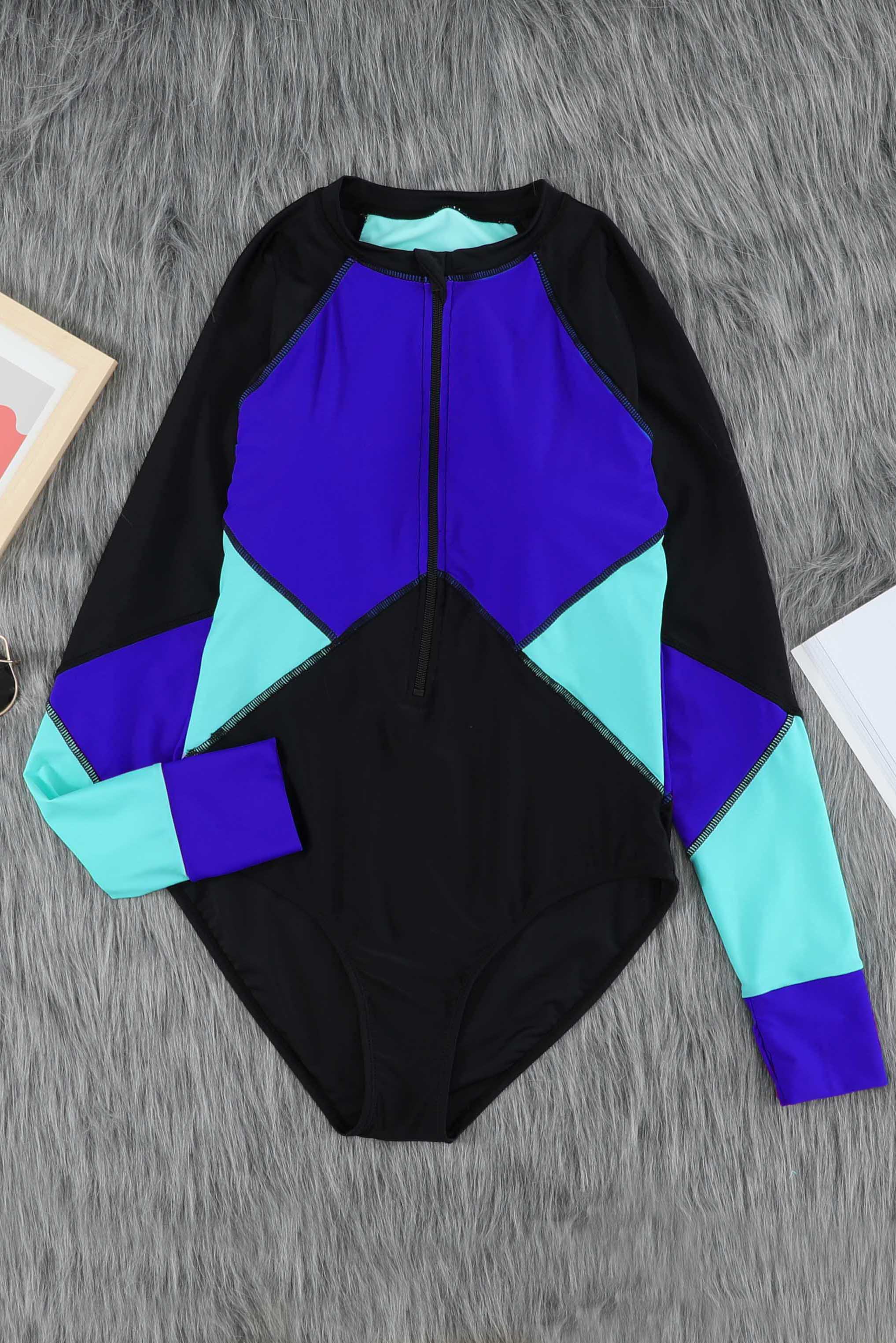 Color Block Half Zip Long Sleeve One-Piece Swimsuit - Babbazon new