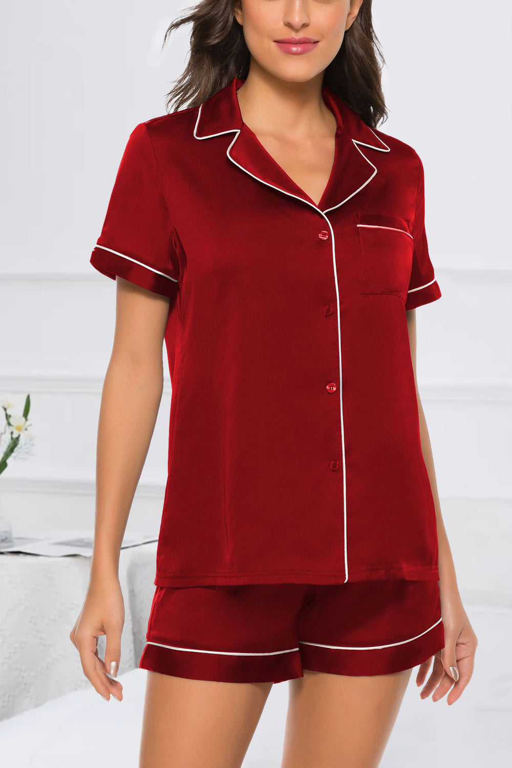 Printed Button Up Short Sleeve Top and Shorts Lounge Set - Babbazon New Products