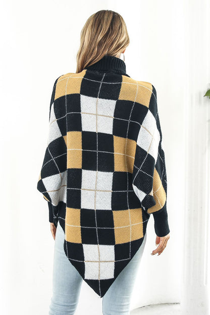 Plaid Turtleneck Dolman Sleeve Poncho 