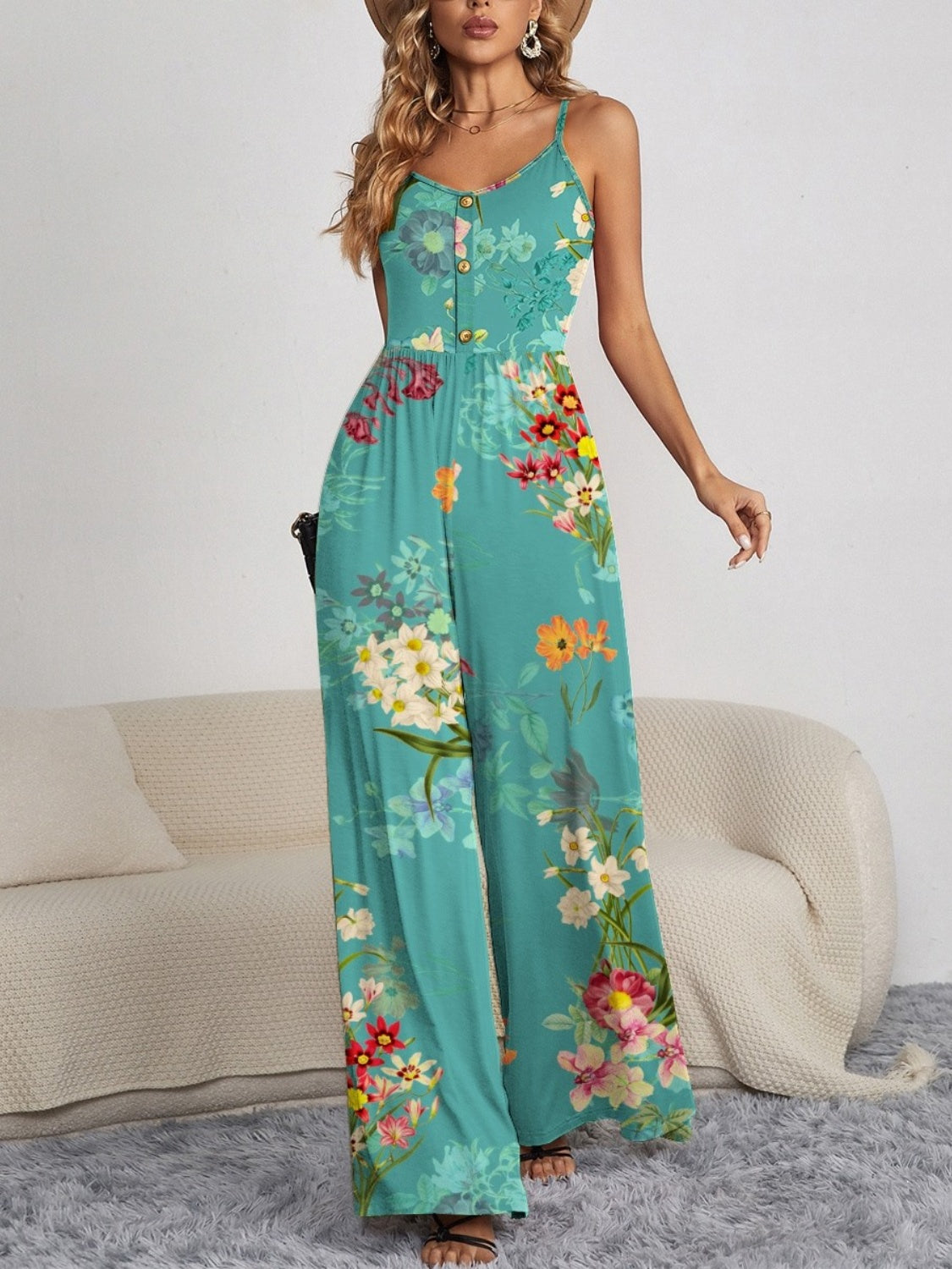 Decorative Button Spaghetti Strap Wide Leg Jumpsuit - Babbazon new