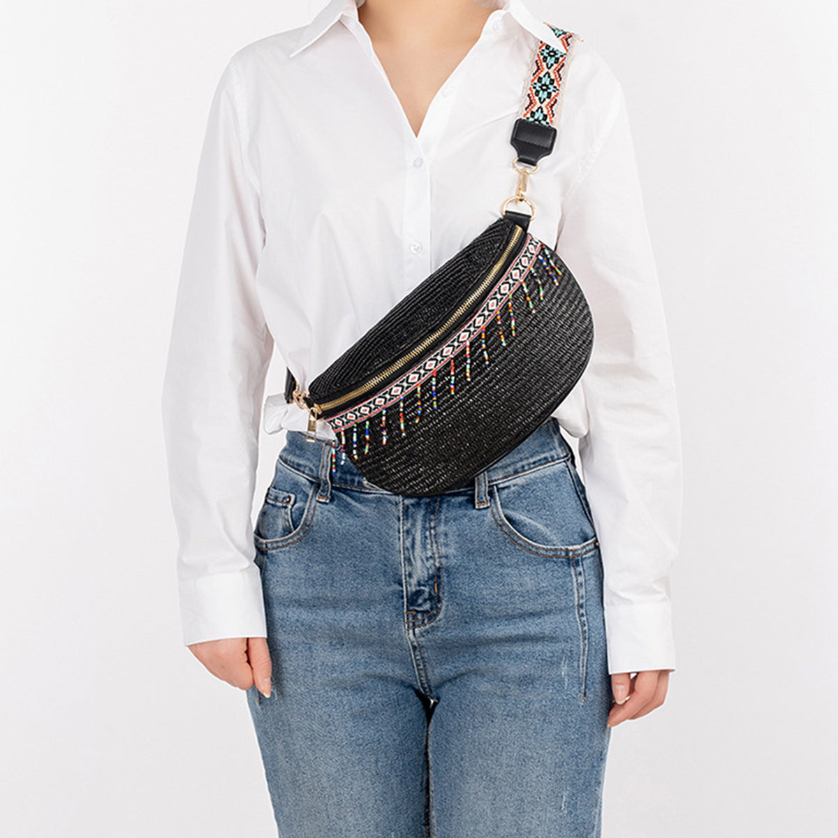 Bead Trim Straw Weave Crossbody Bag - Babbazon New Products