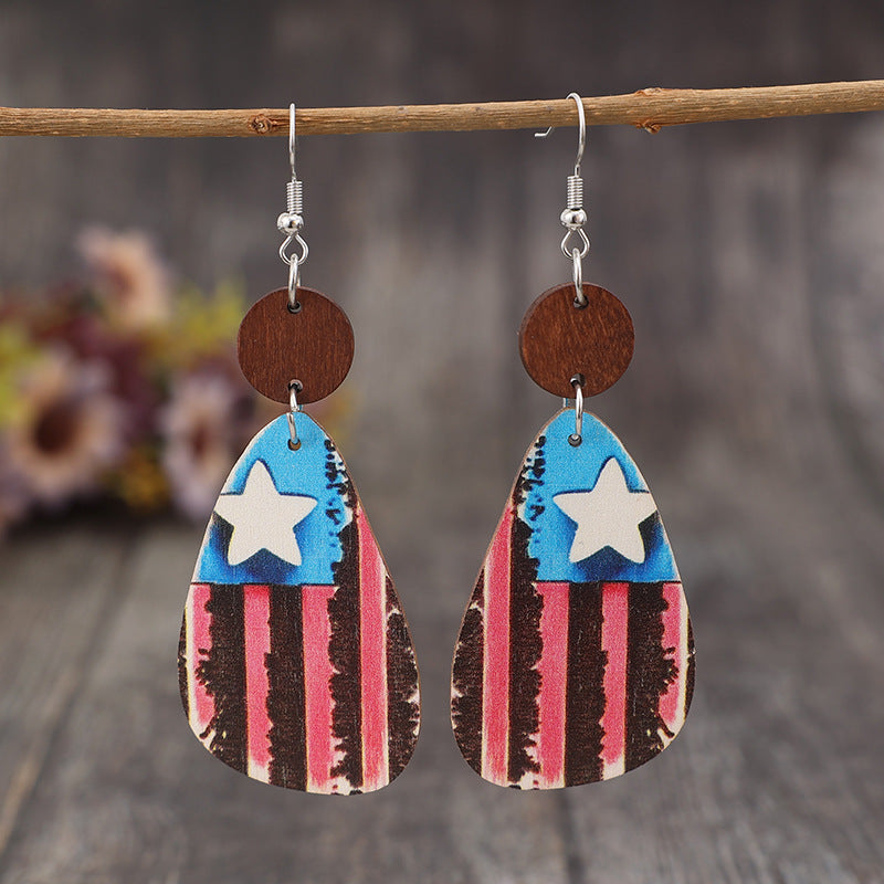 Star & Stripes Wooden Dangle Earrings 