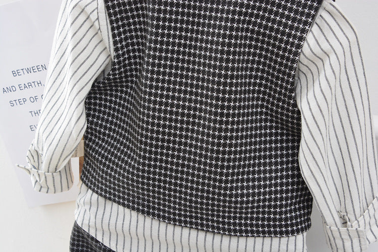 Autumn Children's Long-sleeved Houndstooth Striped Shirt Vest Three-piece Set