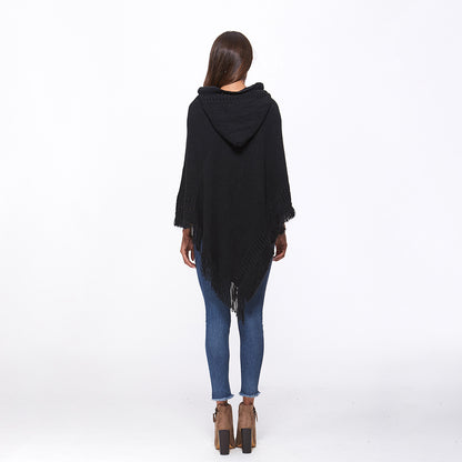 Openwork Fringe Hem Hooded Poncho 