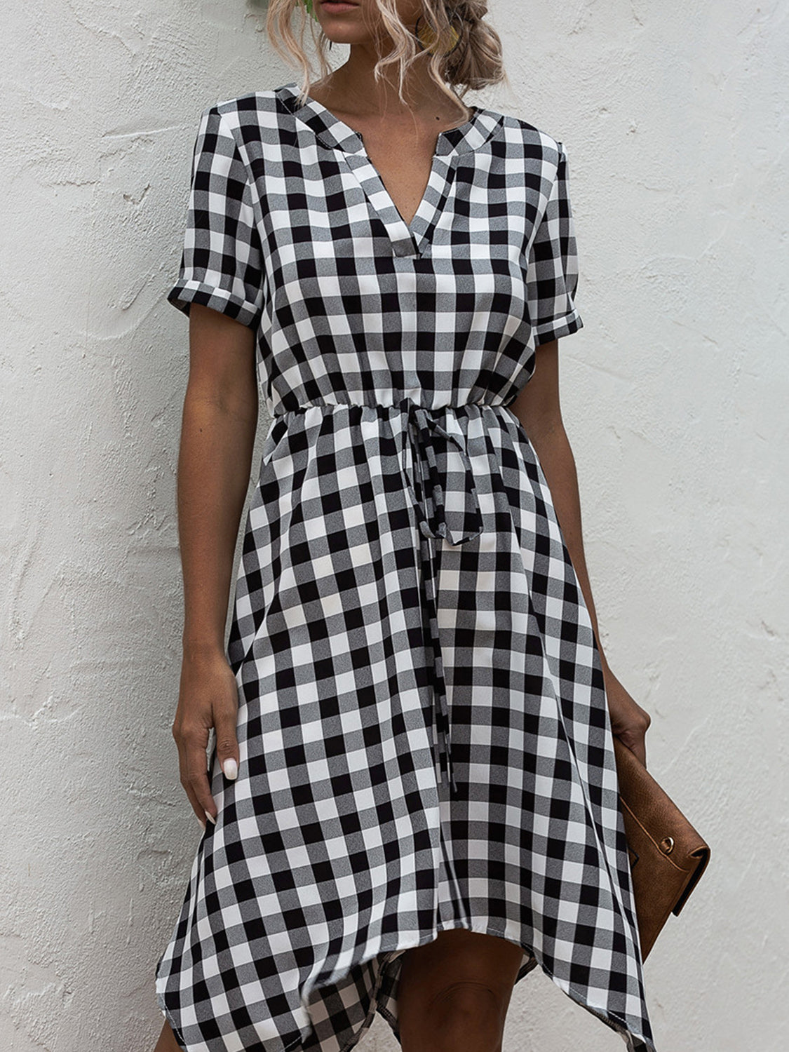 Plaid Notched Short Sleeve Dress 