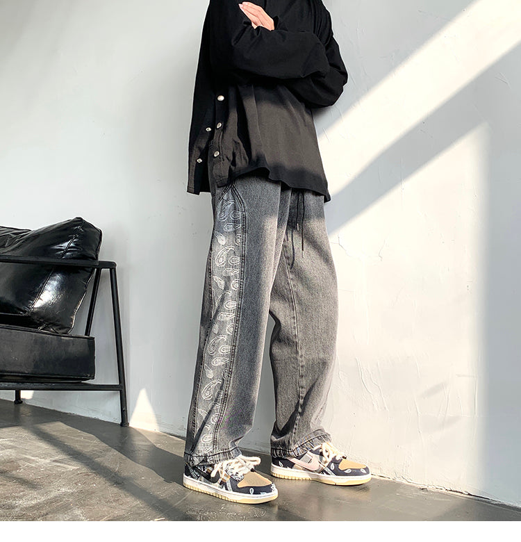 Retro Jeans Ins Men and Women Stitching Cashew Jacquard Loose Wide-leg Straight Pants Drawstring Trousers Tide