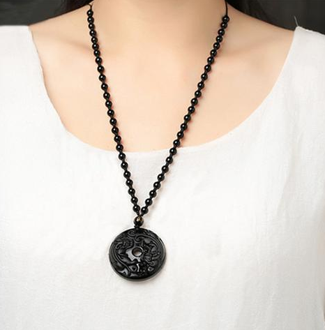 Obsidian Wolf Head Bagua Side Buddha Necklace