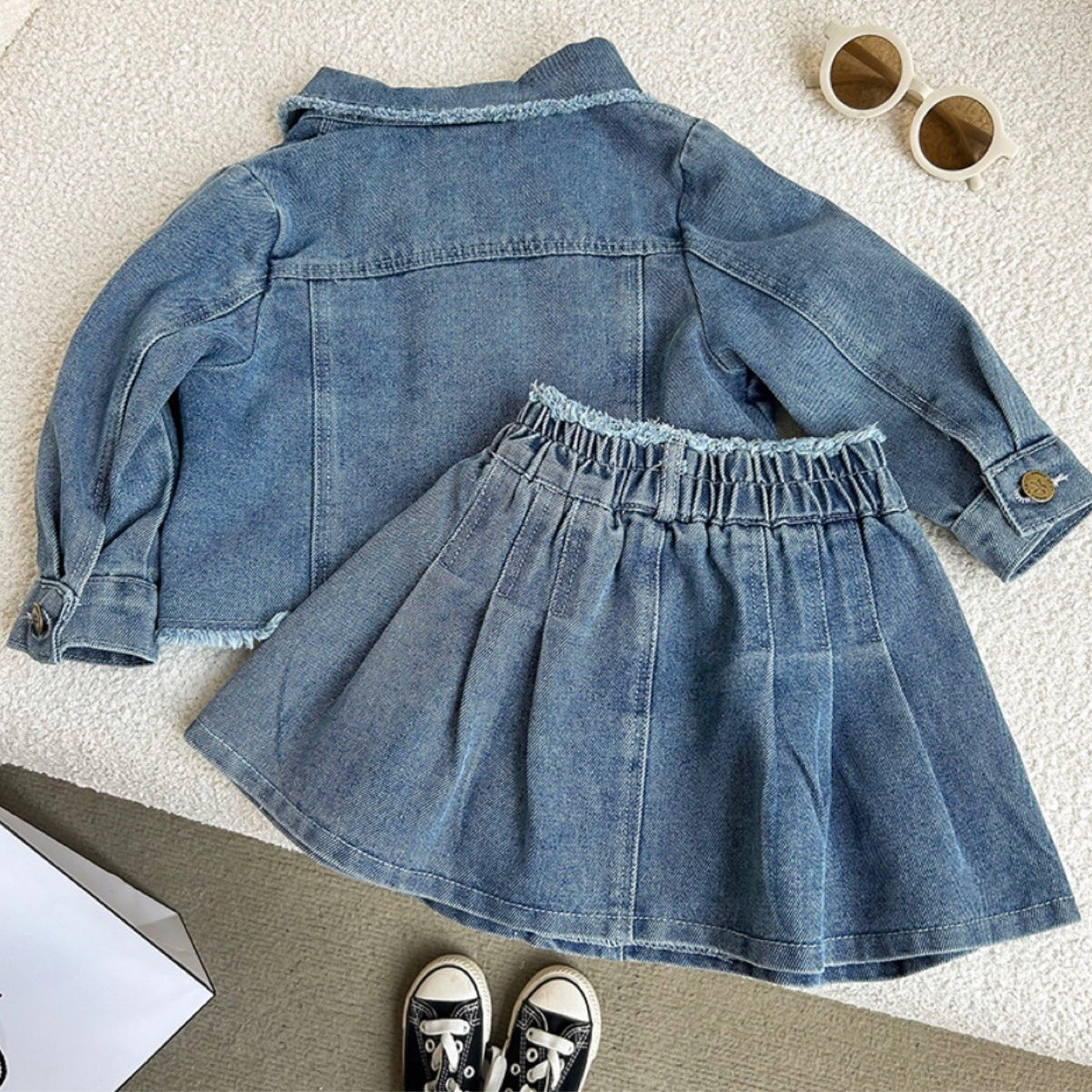 Blue Retro Lapels Long Sleeve Girls' Jean Jacket Pleated Skirt Suit