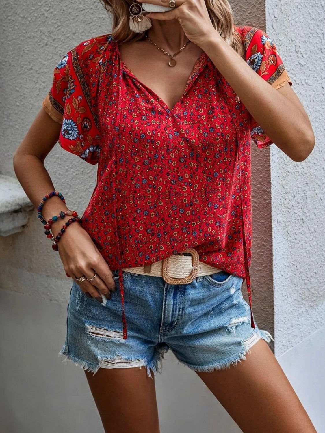 Printed Tie Neck Short Sleeve Blouse - Babbazon New Products