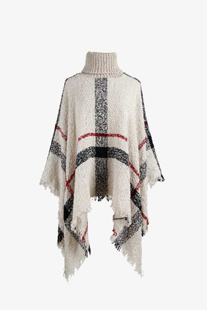 Plaid Turtleneck Raw Hem Poncho 