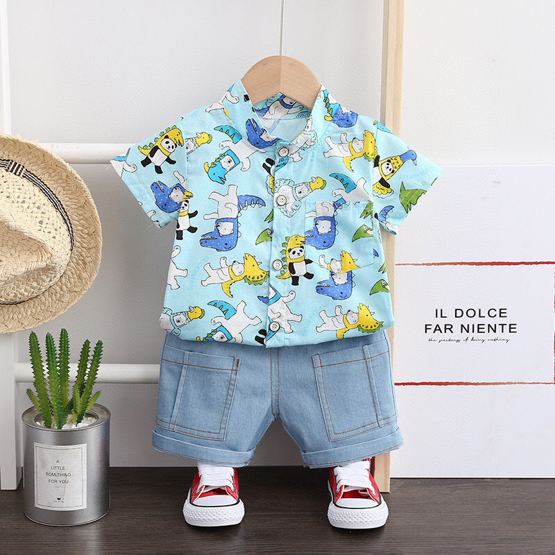 Boys Short-sleeved Suit Summer Shirt Jeans Two-piece Suit