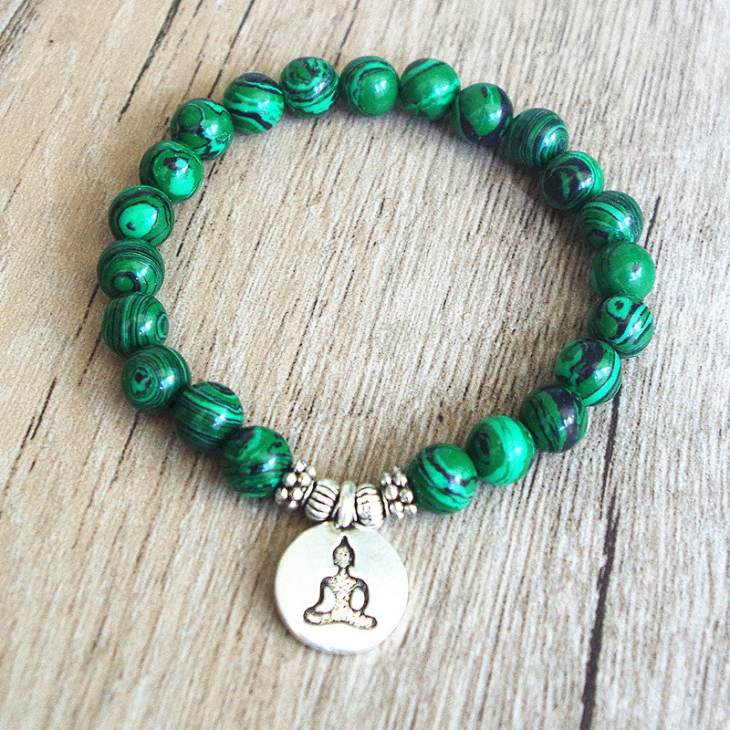 Amazon Hot Explosion Natural Malachite Beaded Bracelet Lotus Buddha Head OHM Yoga Pendant Bracelet