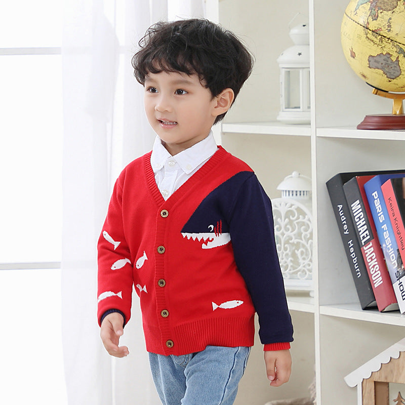 Small fish V-neck single breasted sweater for children