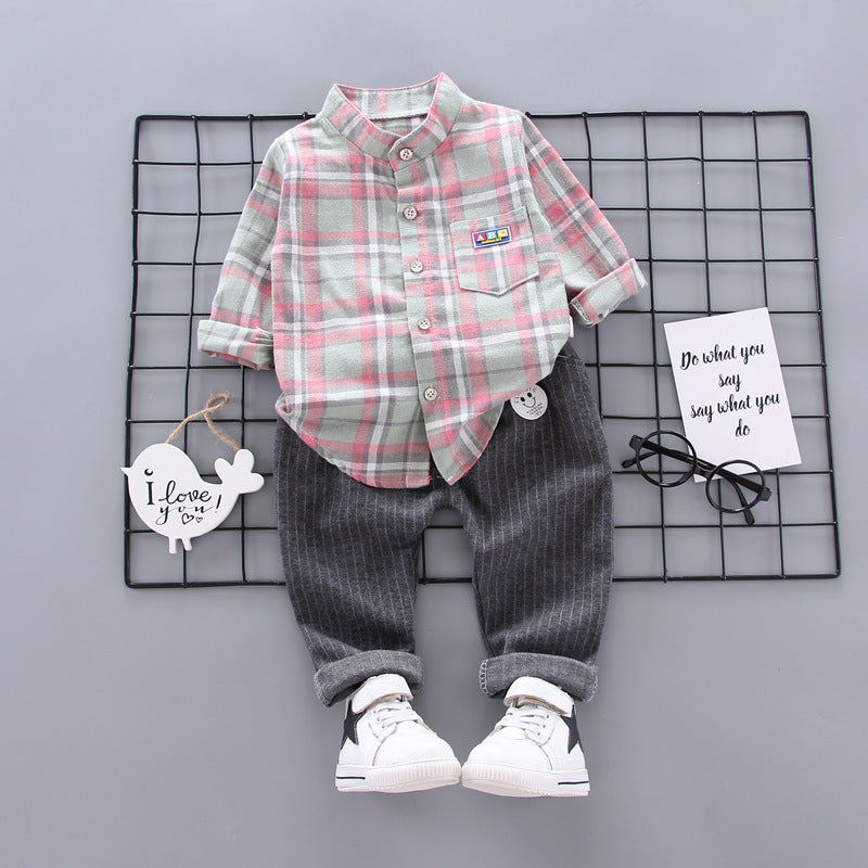 Children's Two-piece Baby Long-sleeved Plaid Shirt