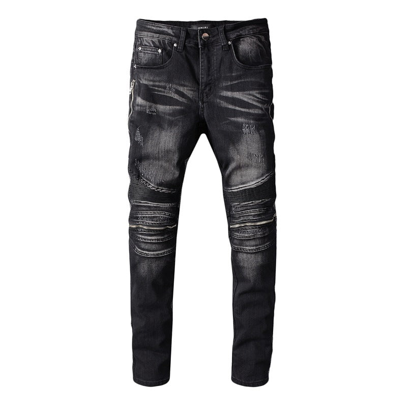 Black slim-leg motorcycle jeans