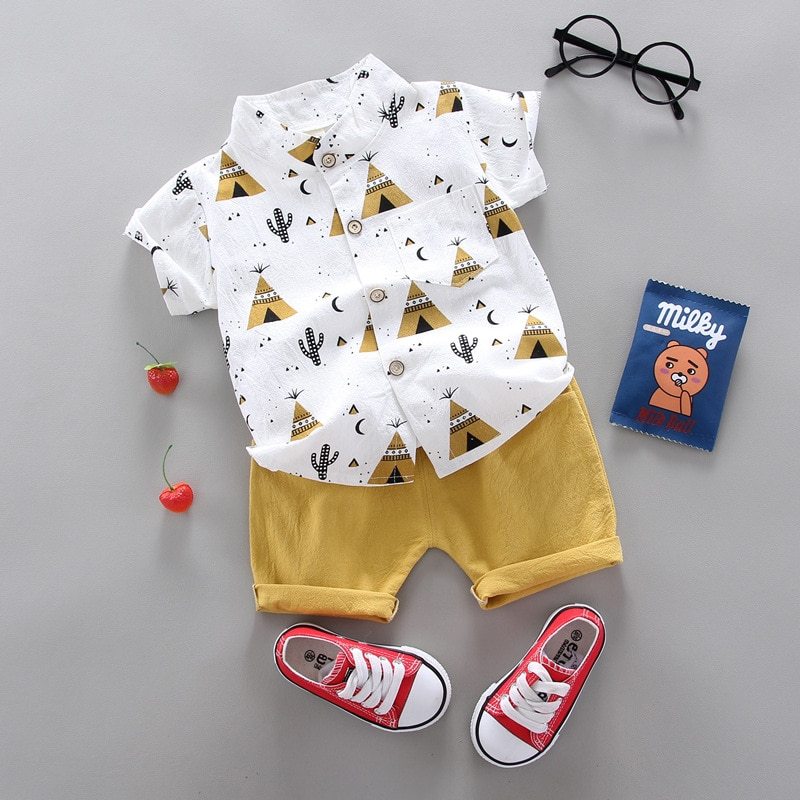 Casual children's summer boy stand-collar plaid shirt