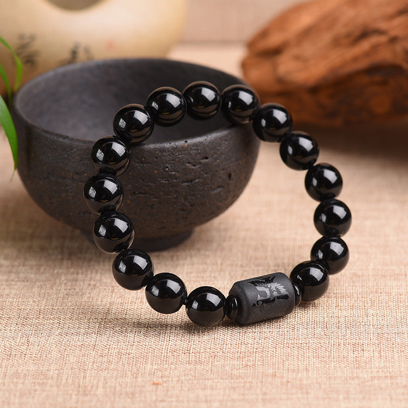 Obsidian Frosted Dragon and Phoenix Buddha Bead Bracelet