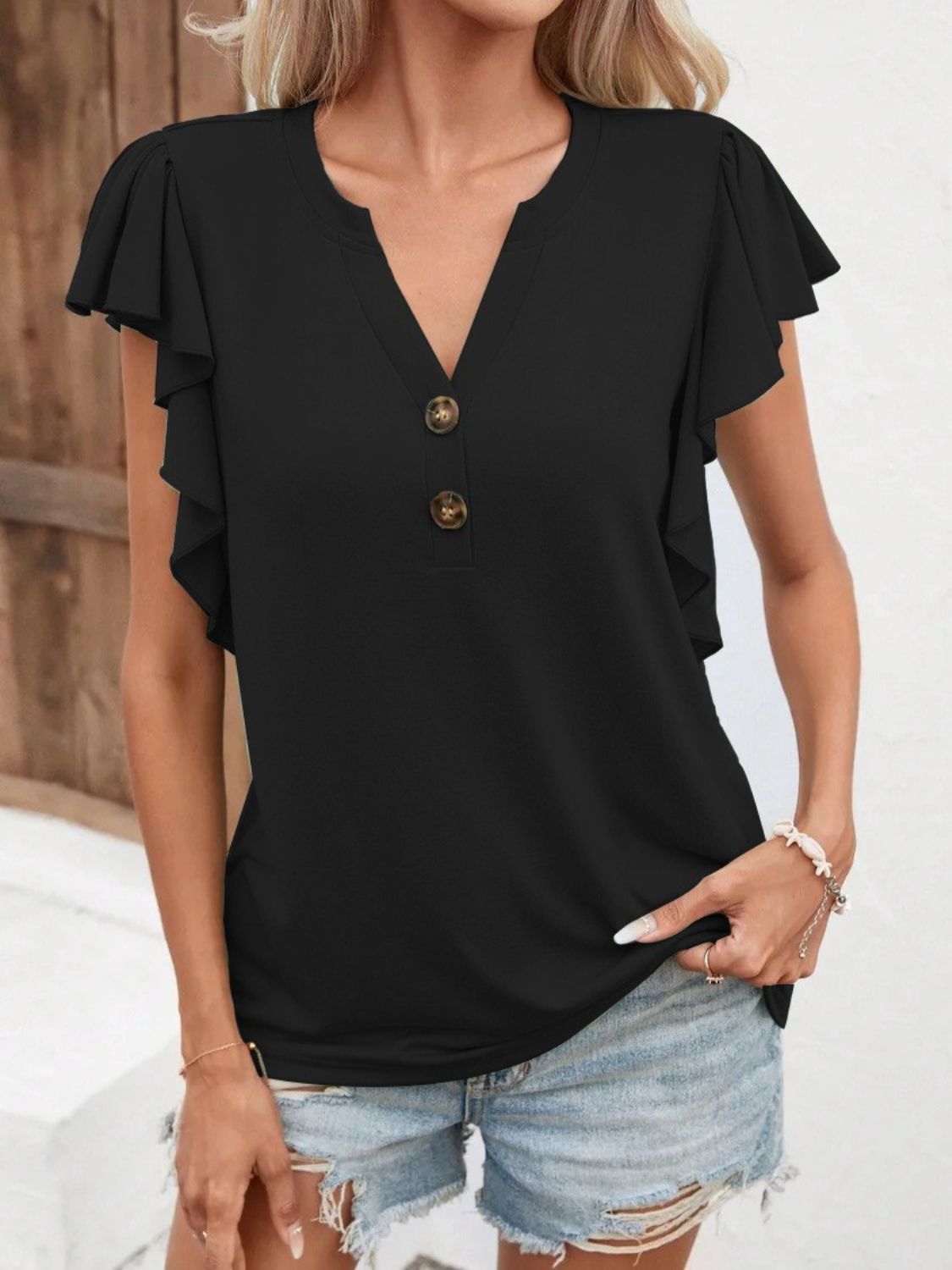 Full Size Ruffled Notched Cap Sleeve T-Shirt - Babbazon New Products