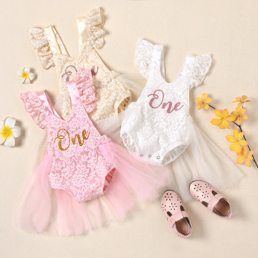 Baby's Flying Sleeve Lace Mesh Print Onesie