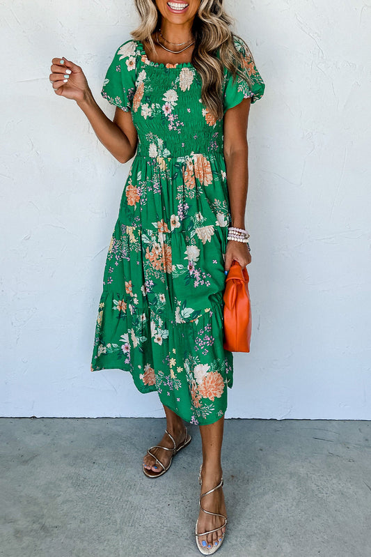 Green Floral Print Bubble Sleeve Smocked Tiered Midi Dress - Babbazon Midi Dresses