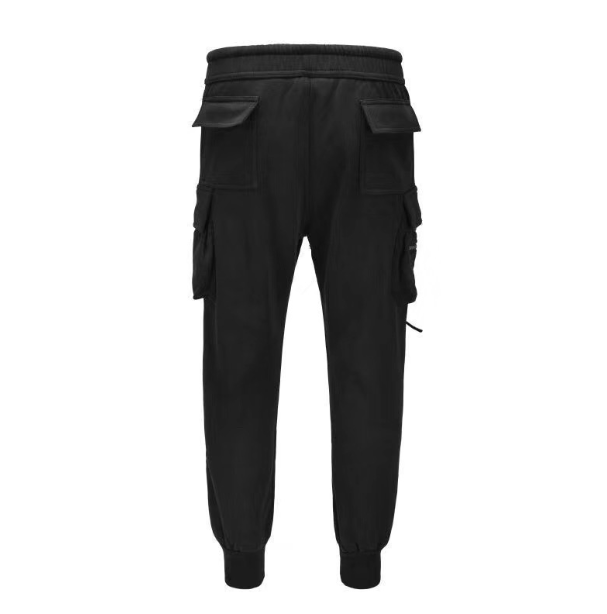 Black autumn and winter thickening fleece three-dimensional pocket streamers Slim  rib threaded restraint pants