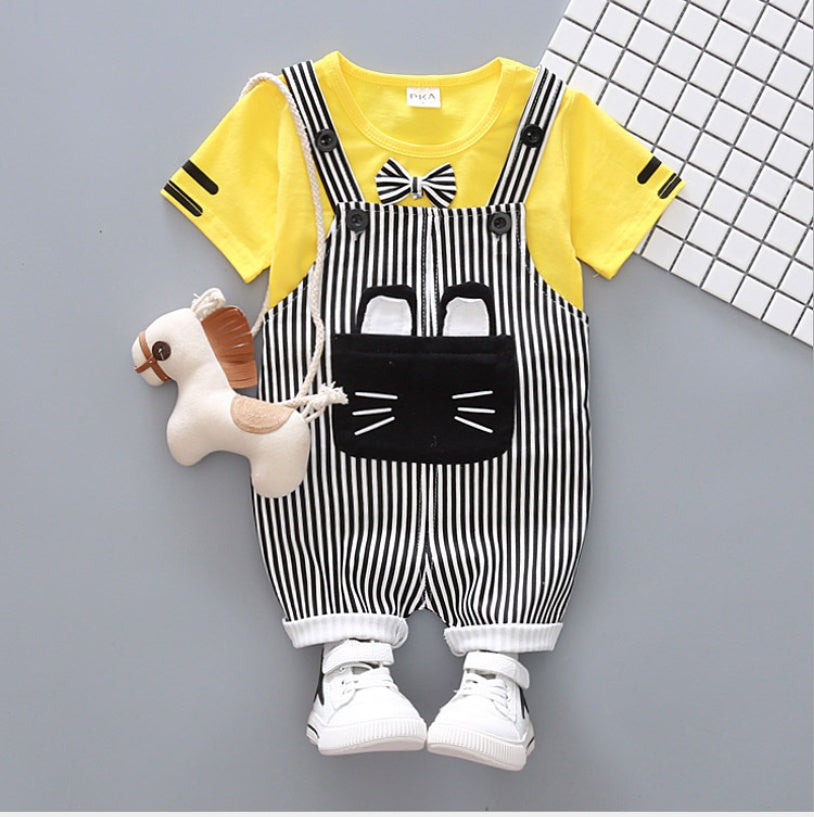 Factory direct handsome children's clothing Korean male baby cartoon strap two-piece suit cotton one generation A128