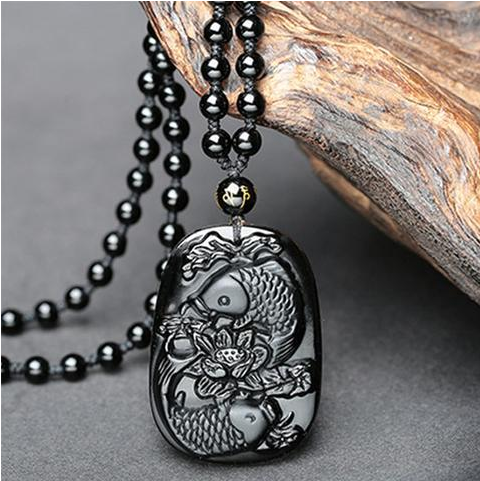 Obsidian Wolf Head Bagua Side Buddha Necklace