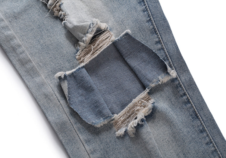 Knee damage ripped blue washed distressed men's jeans