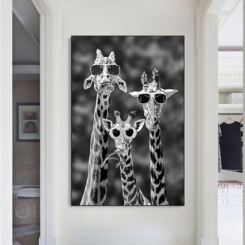 Funny Art Giraffes With Sunglasses Posters Black And White Animals Canvas Paintings