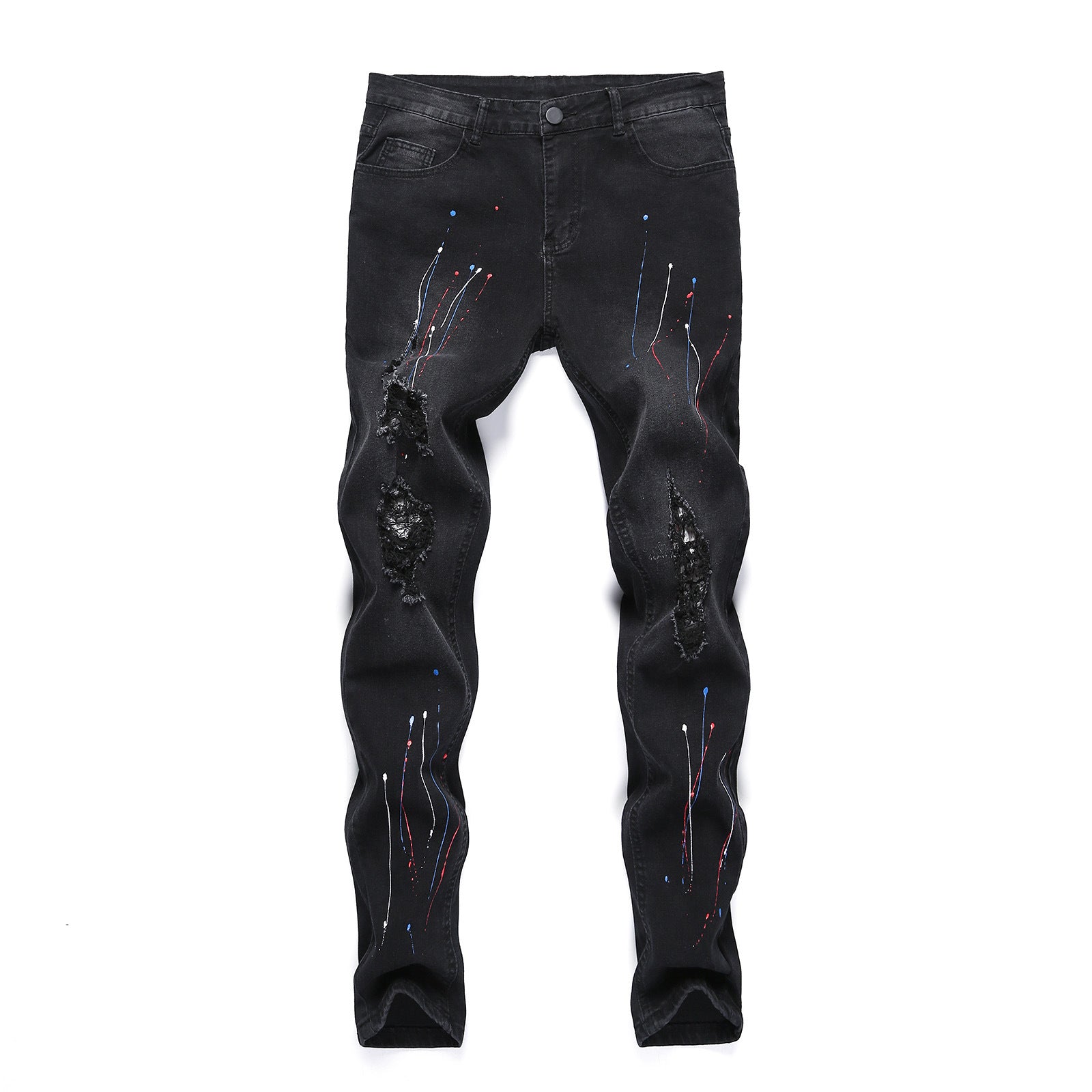 Men's Ripped Printed Jeans With Paint-stretch Stretch Feet