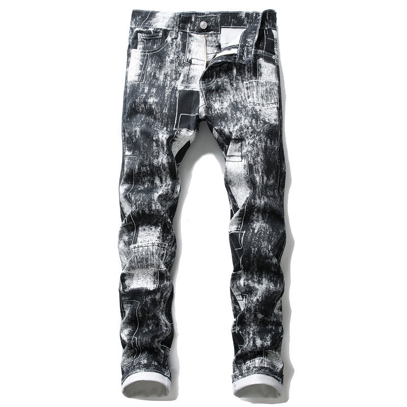 Youth Printed Straight Black Zipper  Front Casual Pants