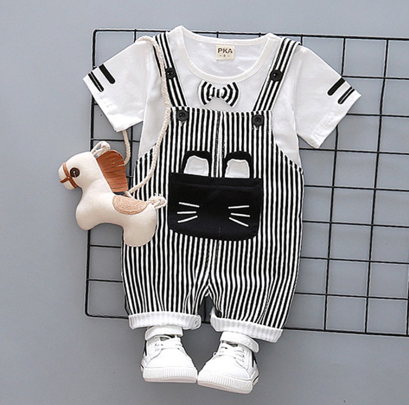 Factory direct handsome children's clothing Korean male baby cartoon strap two-piece suit cotton one generation A128