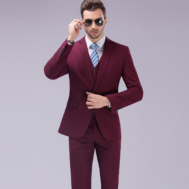 Solid color suit three-piece men's Korean version of the self-cultivation wedding dress business suit 