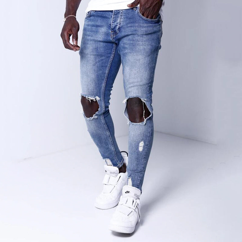 Blue ripped denim slim trousers