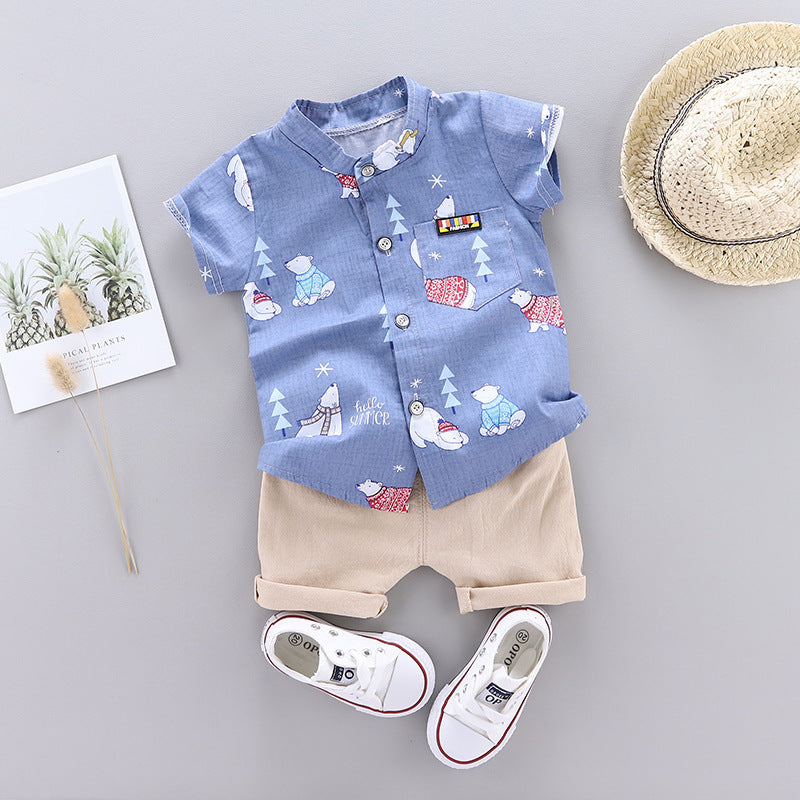 Children's leather label bear shirt short sleeve two-piece suit