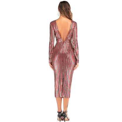 V-Neck Long Sleeve Mid-Length Striped Sequin Dress