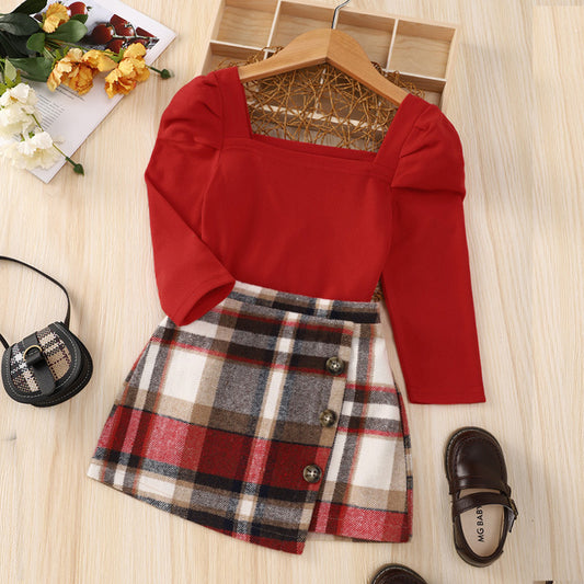 Long Sleeve Plaid Print Children's Skirt Set