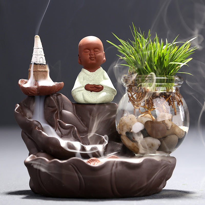 Zen little monk ceramic backflow incense burner