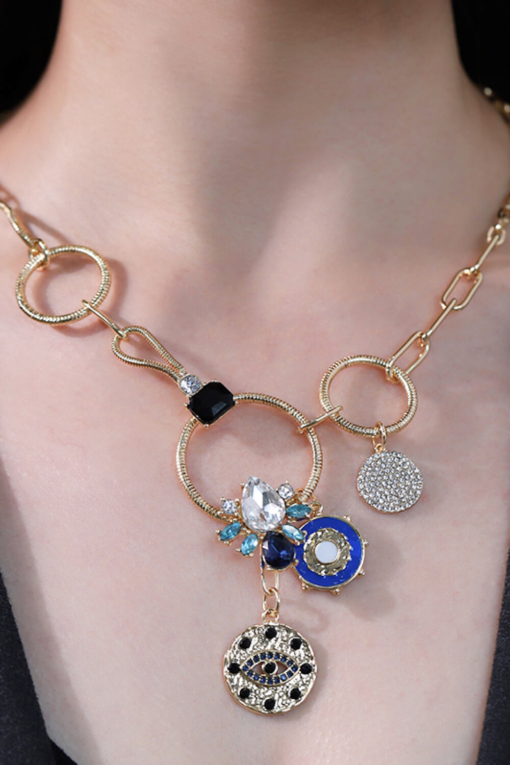 18K Gold-Plated Rhinestone Evil Eye Pendant Necklace 