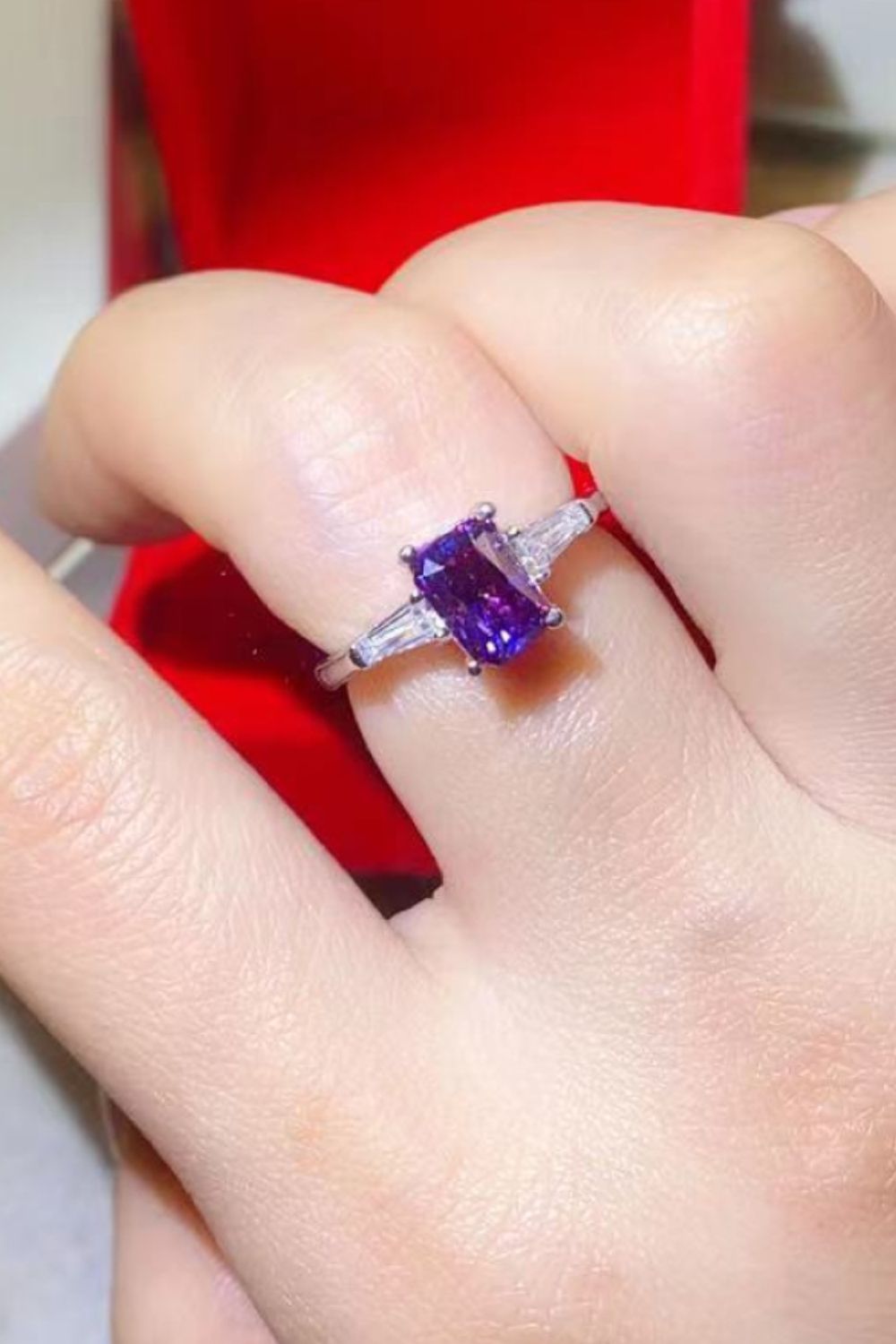 1 Carat Moissanite Platinum-Plated Rectangle Ring in Purple 