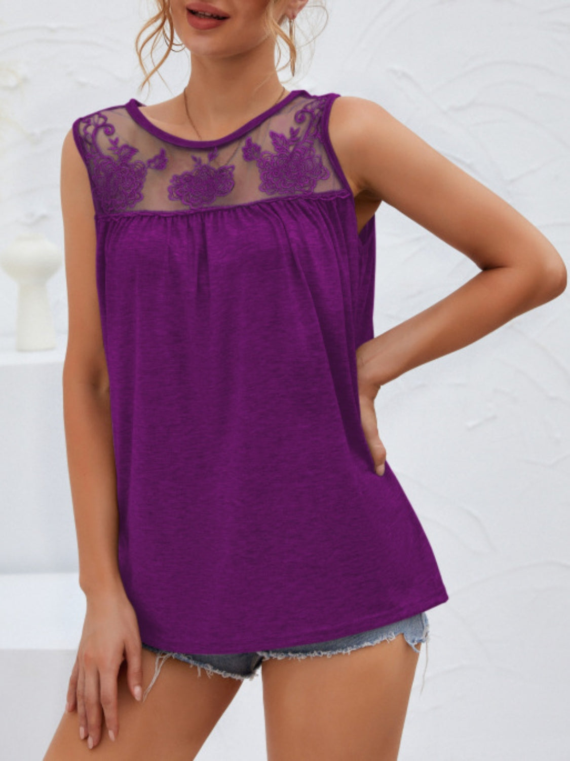 Flower Pattern Round Neck Tank - Babbazon New Products