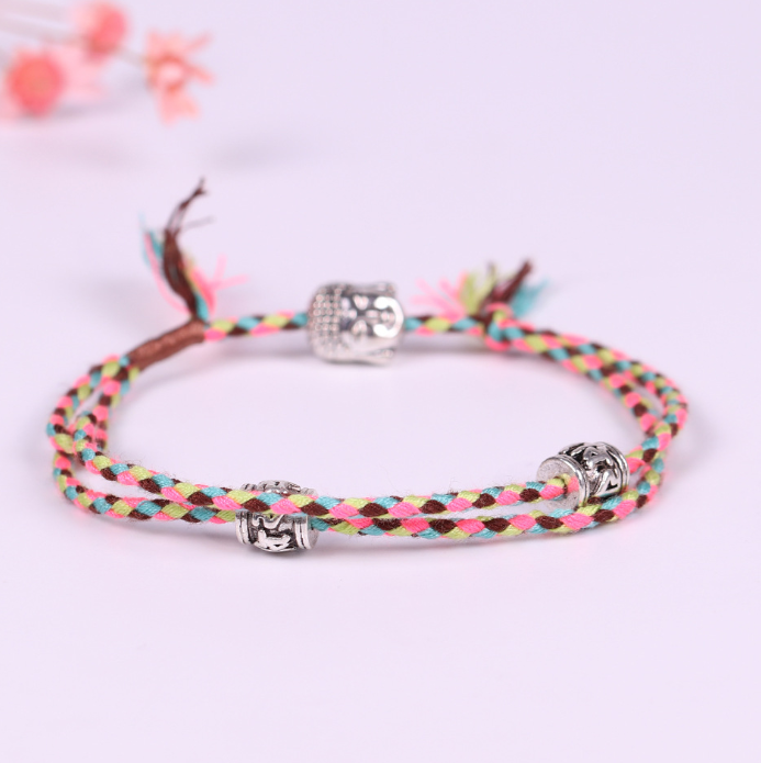 Hand-woven colorful lucky rope bracelet adjustable silver Buddha head double simple bracelet