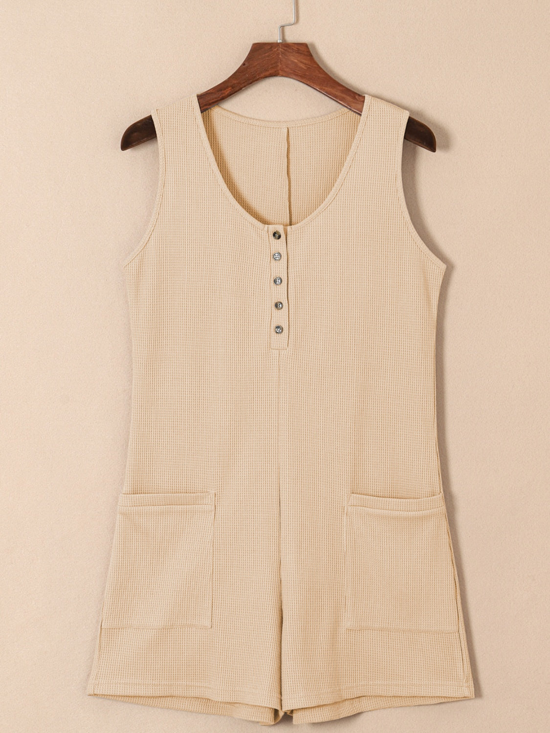 Waffle-Knit Half Button Sleeveless Romper with Pockets - Babbazon jumpsuit