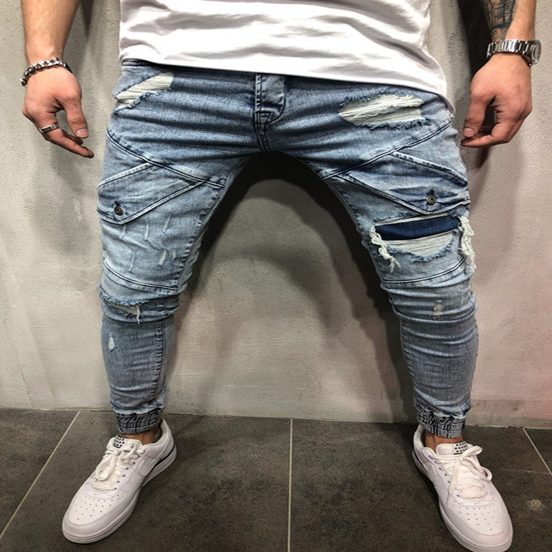 Cross-border foreign trade explosion models new men's slim jeans black hole men's denim beam blue feet pants